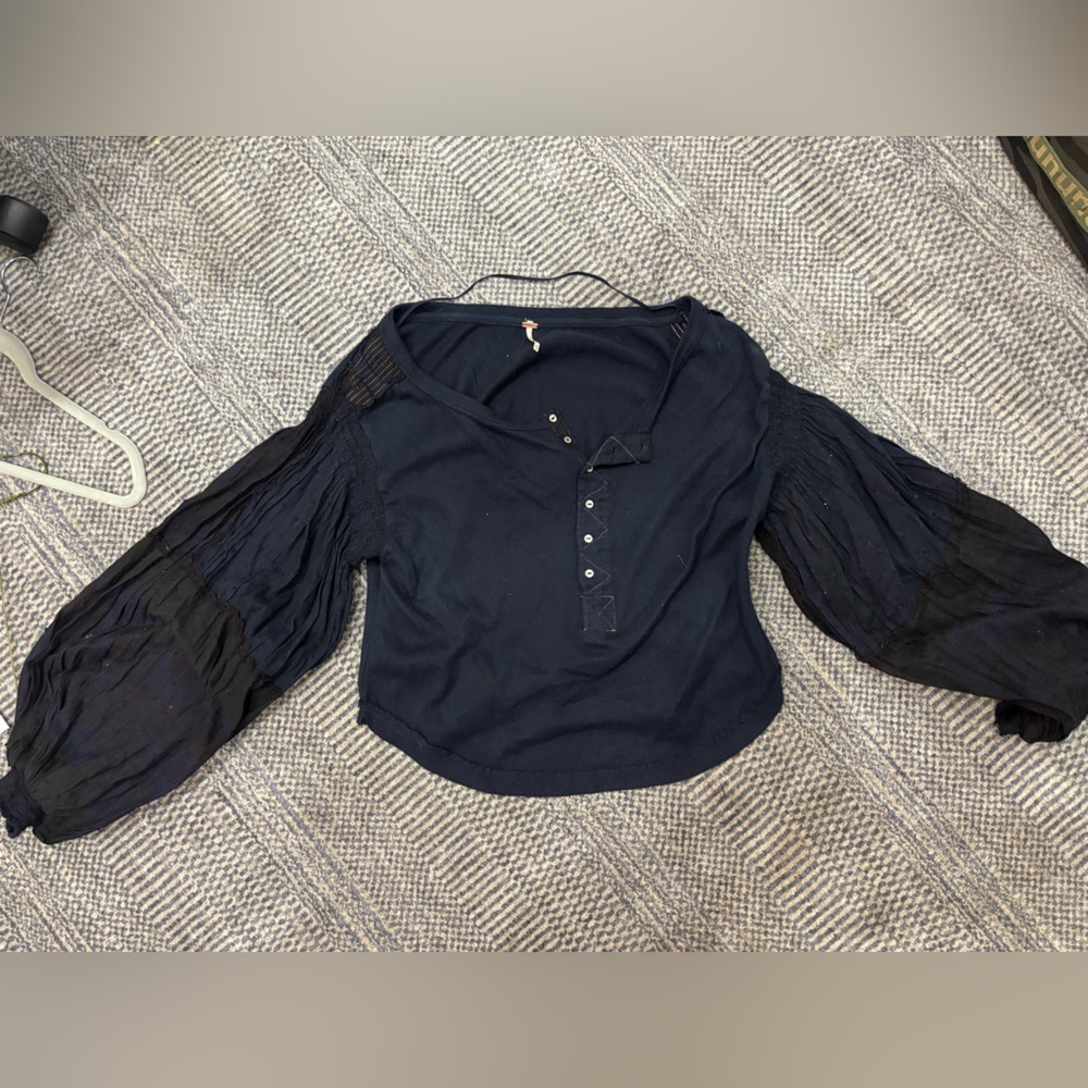 Free People Black 3/4 Sleeve Ruched Blouse
